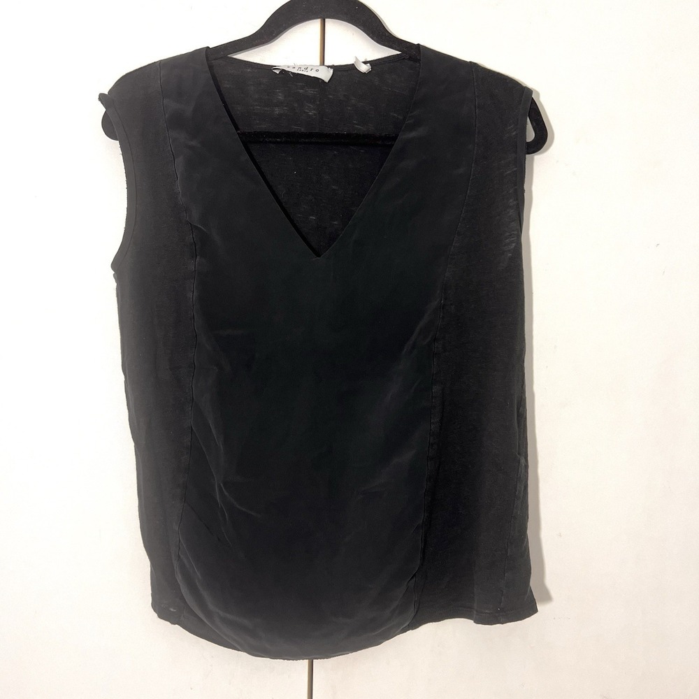 Sandro‎ Paris Silk Linen Blouse Size 2 Black Sleeveless V Neck Coastal Summer